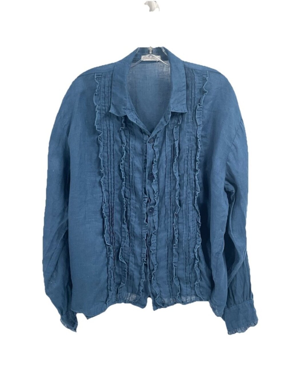 FP x CP Shades Blue Linen Ruffle Pintuck Blouse Sz XS Boho Prairie Romantic
